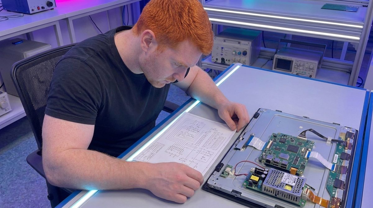 Инженер 3ТЭК диагностирует плату управления HMI-панели по электрической схеме